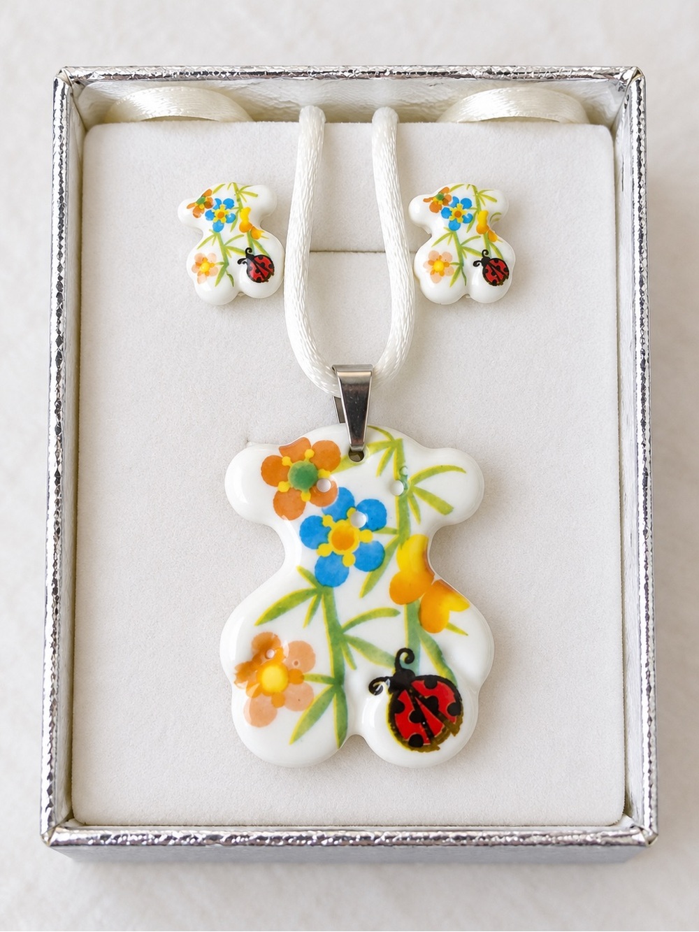 Floral Bear Pendant Necklace and Earrings Set - White with Multicolor Accents
